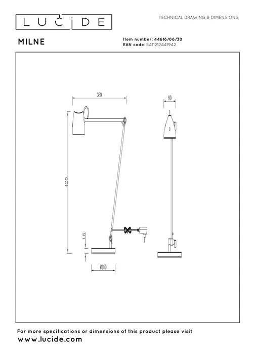 Lucide MILNE - Leeslamp - LED Dimb. - 1x8W 2700K - Zwart - technisch
